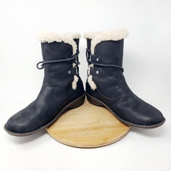 UGG Akadia Boots Women 9 Black Nubuck‎ Leather Shearling Wrap Tie Winter Shoes - Picture 5 of 13